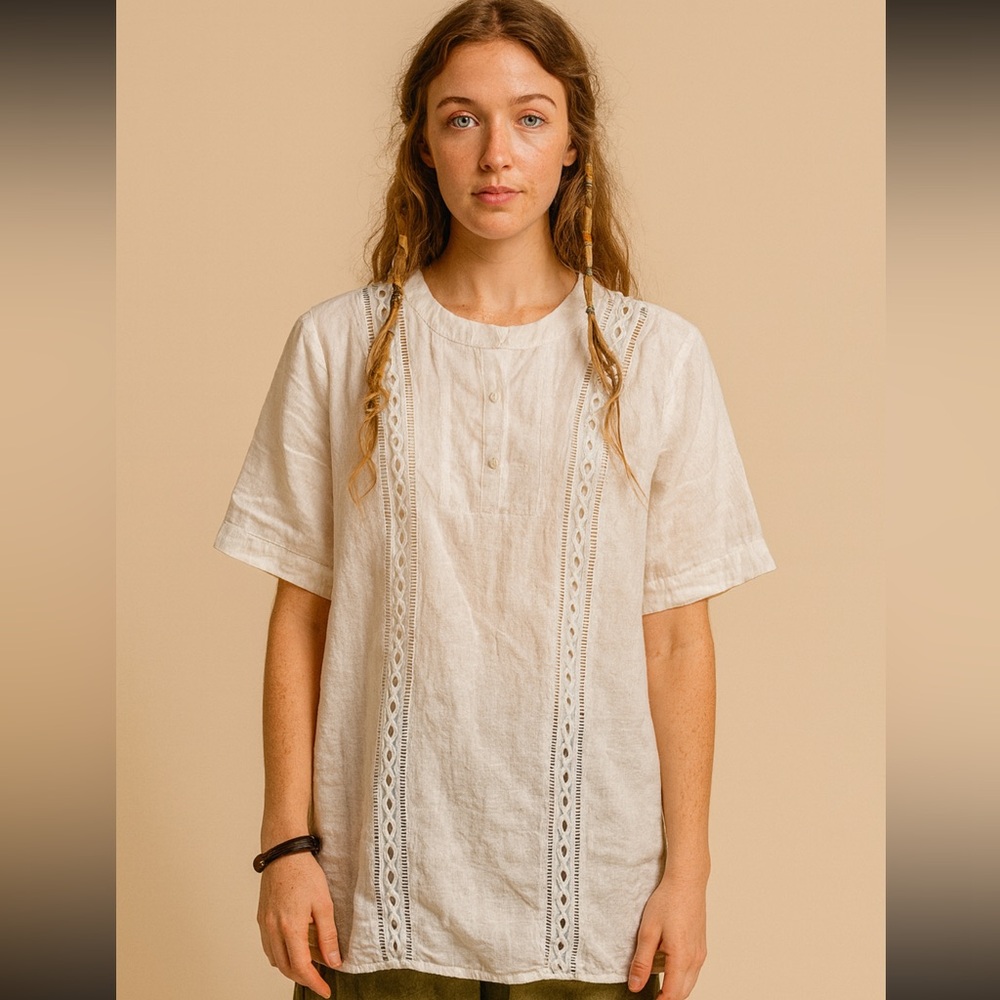 Esley Ivory Lace Trim Linen Blouse Size Medium boho Very good preloved condit